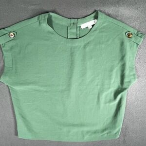 Sage‎ Green Cropped Button Shoulder Top Size M Minimalist Boxy Cap Sleeve Blouse